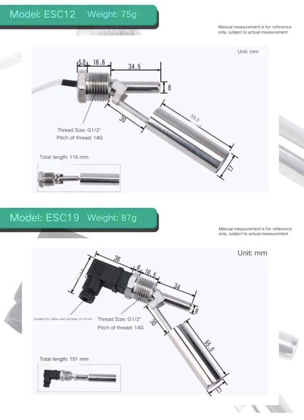 Stainless Steel Side Mounted Duckbill Float Level Switch 4-Split Thread Socket Type Level Sensor with Hesmann Connector Level Switch