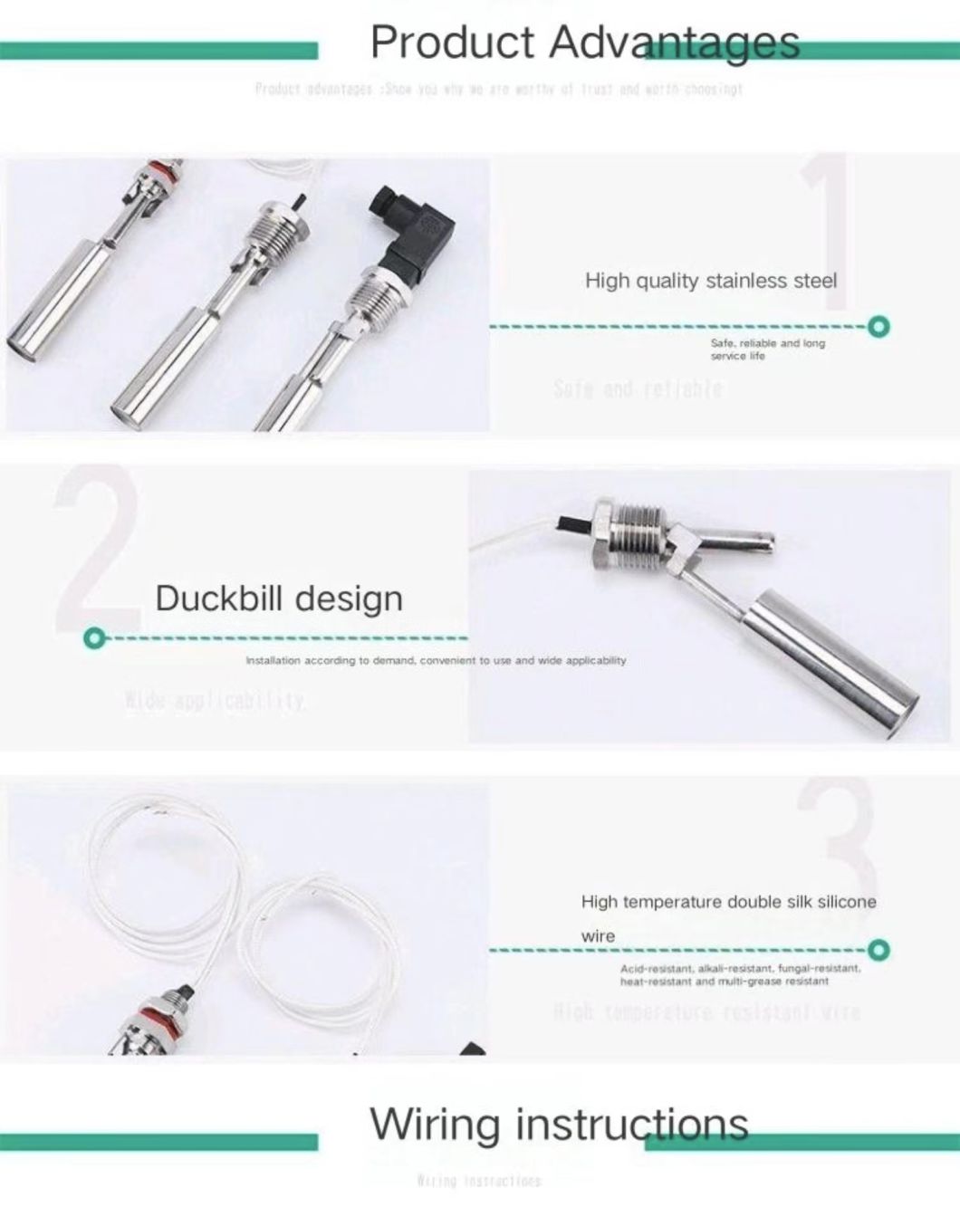 Stainless Steel Duckbill Float Switch, Side Mounted Liquid Level Controller, Small Side Mounted Float Water Level Sensor 220V