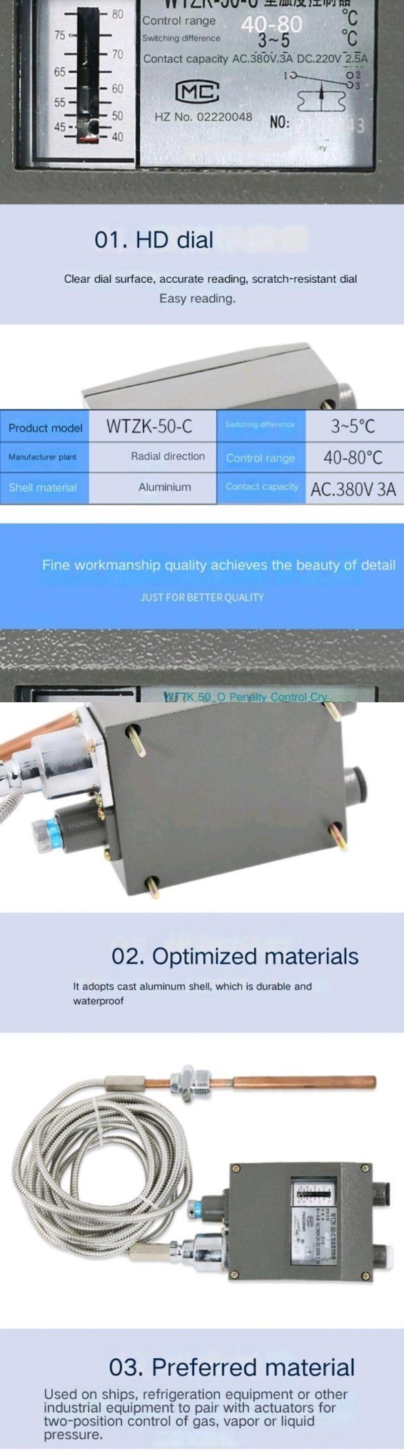 Genuine Marine Pressure Temperature Controller Wtzk-50-C Cast Aluminum Shell with a Wire Length of 5 Meters and Silver Contacts of 40-80 Degrees