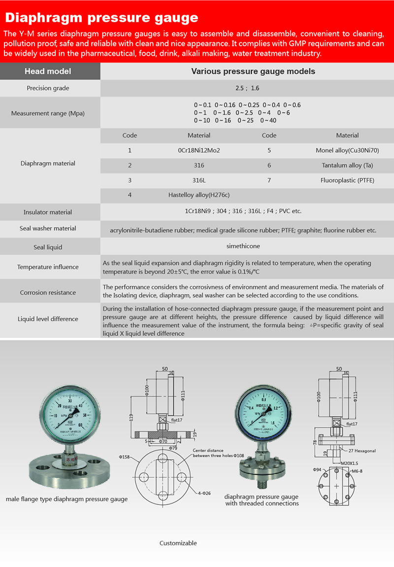 High Precision Sanitary Flat Diaphragm Pressure Gauge All Stainless Steel Seal Sanitary Diaphragm