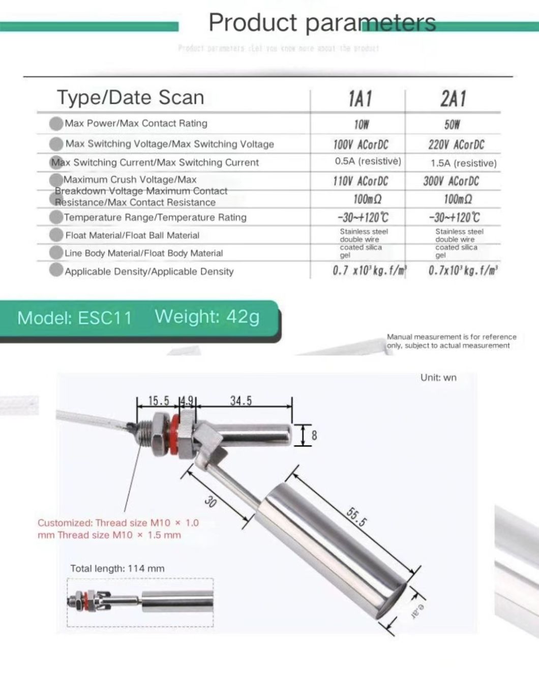 Stainless Steel Side Mounted Duckbill Float Level Switch 4-Split Thread Socket Type Level Sensor with Hesmann Connector Level Switch