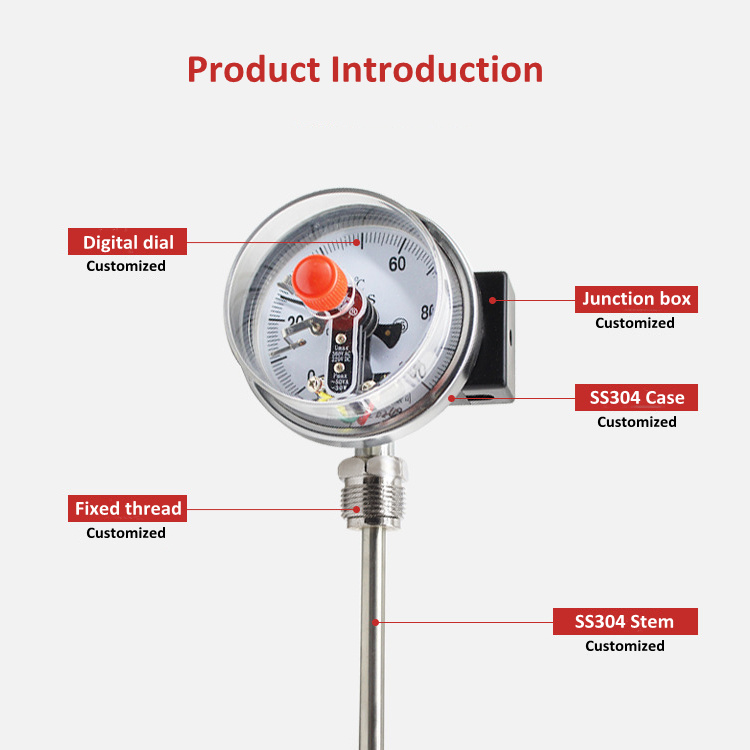 Wss411 Pointer Mechanical Insertion Type 304 Stainless Steel Radial Bimetallic Thermometer Pipeline Temperature Industrial Meter