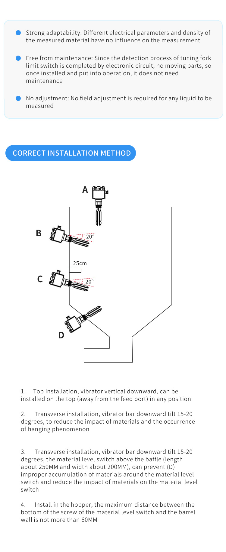 Vibrating Rod Level Switch, Tuning Fork Switch Hlfs (high Level Alarm) ; Llfs (low Level Alarm) -20º C~70º C -30º C~80º C 1~50s <0.5s Bingo